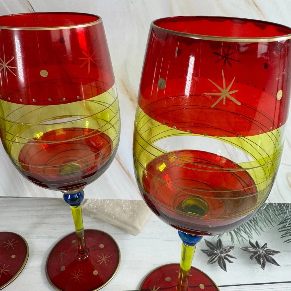 Wine Glasses Set of 4 Red Lime Green Hand Painted Starburst Festive Holidays